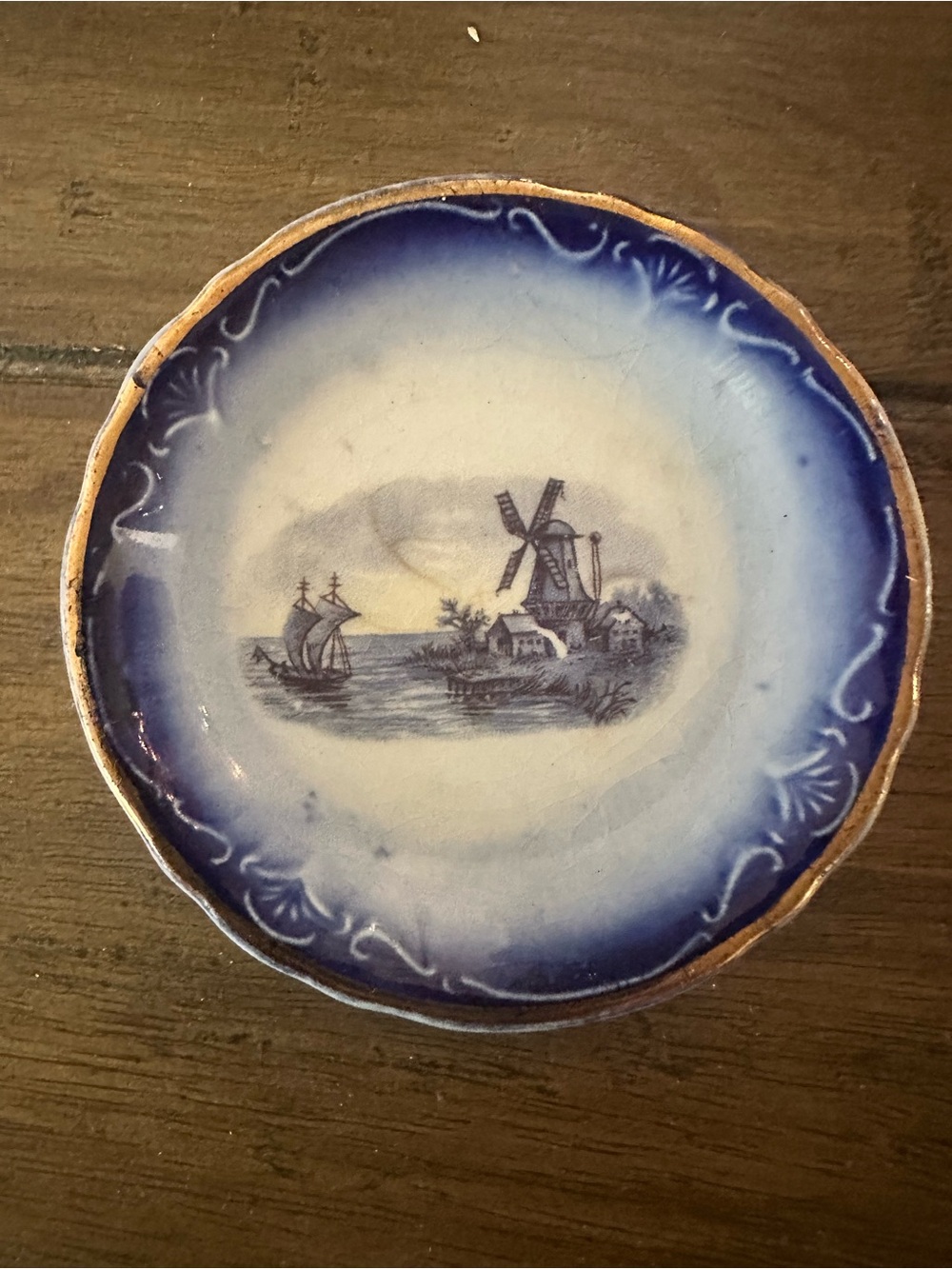Antique Delft Blue & White Butter Pat with Dutch Windmill and Water Scene